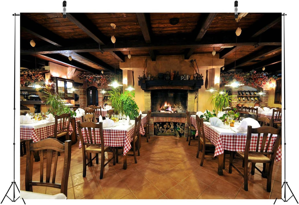 7x5ft Fabric Cafe Restaurant Backdrop for Photography Italy Restaurant Interior Fireplace Dining Tables Scene Backdrop Child Kids Adult Travel Photo Shoot Studio Props Indoor Decors