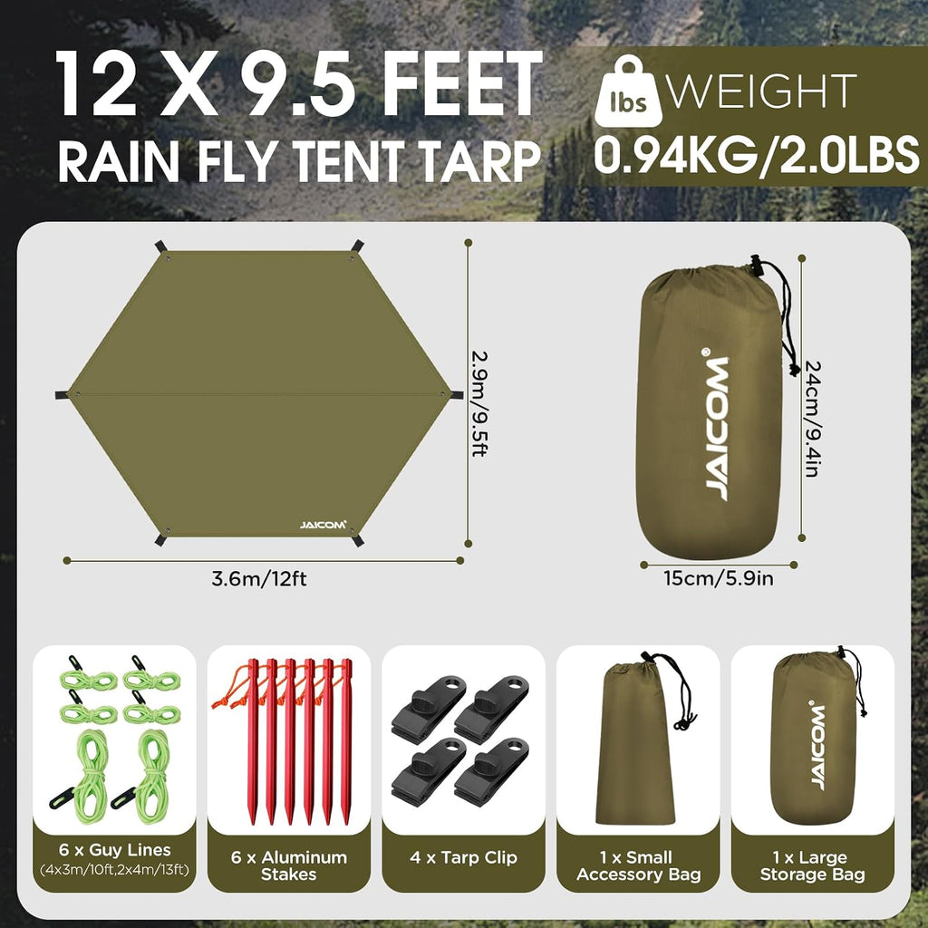 JAICOM Waterproof Hammock Rain Fly, 12ft x 9.5ft Portable Camping Tarp