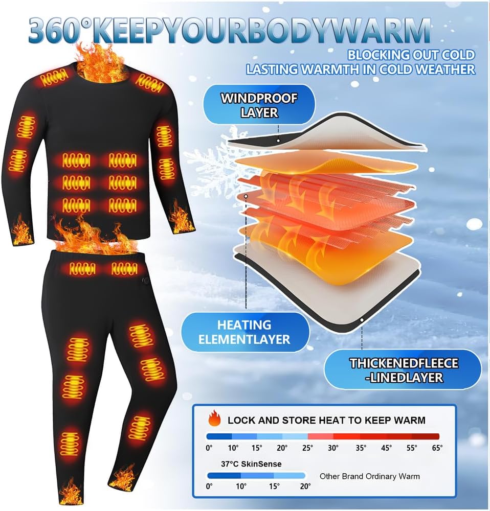 Heated Thermal Underwear for Men Women USB Charge 42 Zone Intelligent Heated Long Johns for Men Women & XS-4XL
