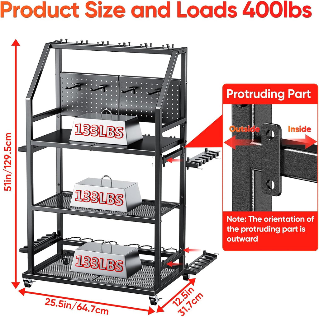 Large Fishing Pole Holders with Wheels for Garage,3 Tier Heavy Duty Metal Fishing Organizer Stand storage 20 Fishing Rod with 4 Hooks and Pegboard for Gear and Equipment Accessories