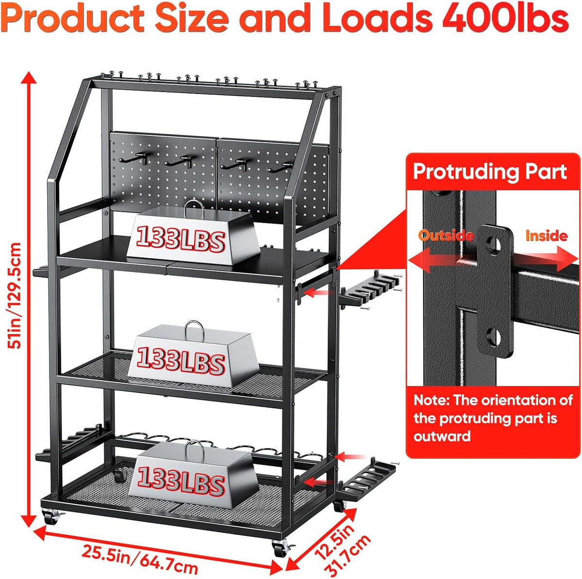 Large Fishing Pole Holders with Wheels for Garage,3 Tier Heavy Duty Metal Fishing Organizer Stand storage 20 Fishing Rod with 4 Hooks and Pegboard for Gear and Equipment Accessories