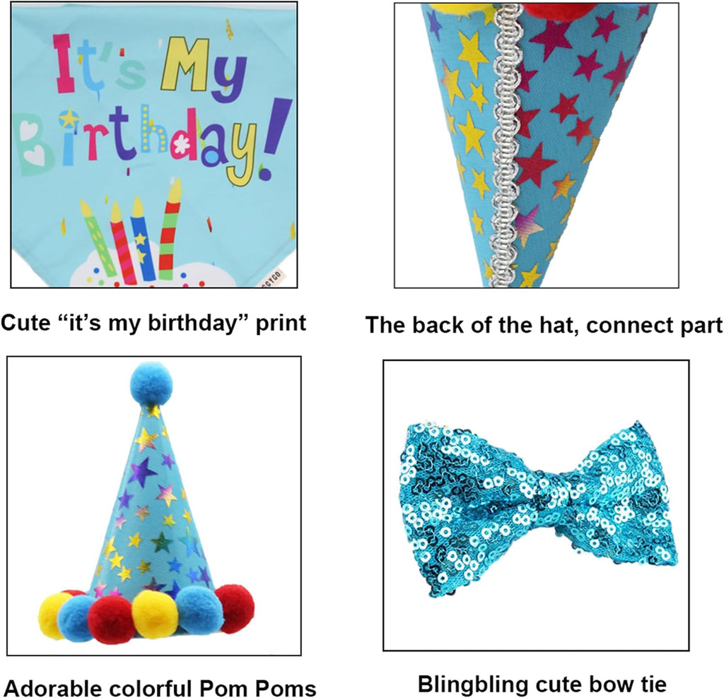 ADOGGYGO Dog Birthday Hat, Blue Birthday Boy Bandana with Bow Tie, Large