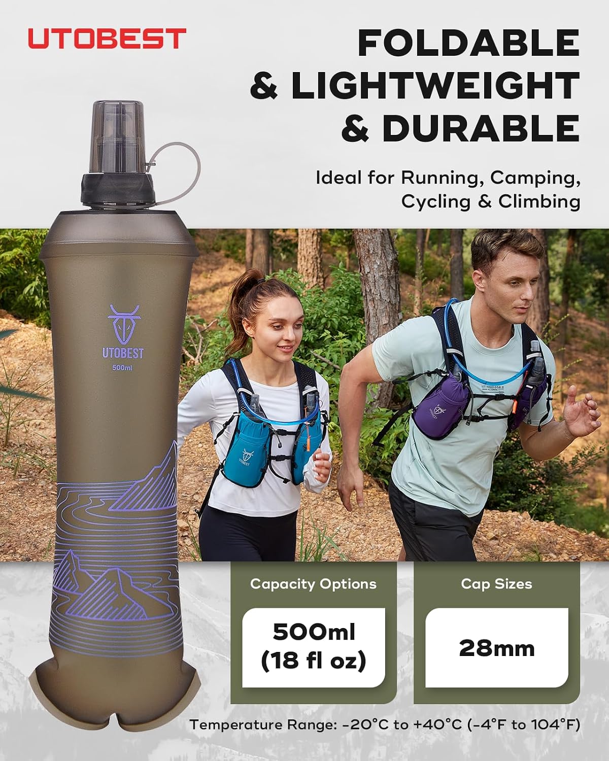 UTOBEST Soft Flask 500ml Collapsible Running Water Bottles