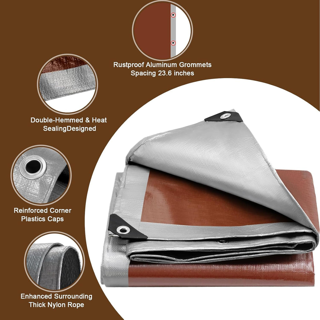 16 Mil Thick Heavy Duty Tarp, 10 x 12 Ft Finished Size, Silver/Brown