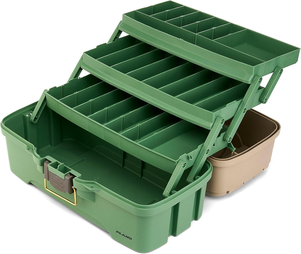 Plano Three-Tray Tackle Box Catfish Kit, Green/Tan, Rust-Proof Brass Latch, Top-Access Tray Compartments with Deep Storage, Made in the USA, Portable Fishing Gear Storage Organizer