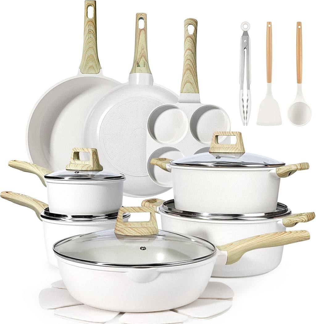 GiPP Ceramic Pots and Pans Set Non Stick - 17 Pcs Nonstick Cookware Set, Non-toxic Healthy Kitchen Cooking Set/Frying Pans Set, Dishwasher Safe, PFAS PTFE PFOA PFOS Free, Cream White