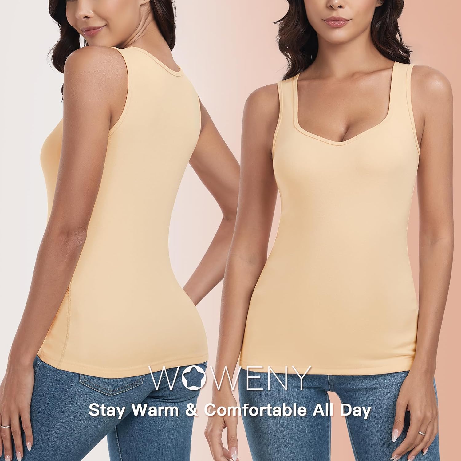 WOWENY Thermal Fleece Tank Top for Women V Neck Sleeveless Shirts Camisole Warm Base Layer Cami Vest Underwear Tops