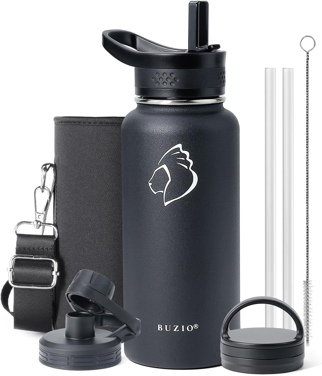 BUZIO 32 oz Water Bottle Insulated with Straw & 3 Lids (Cold for 48 Hrs)