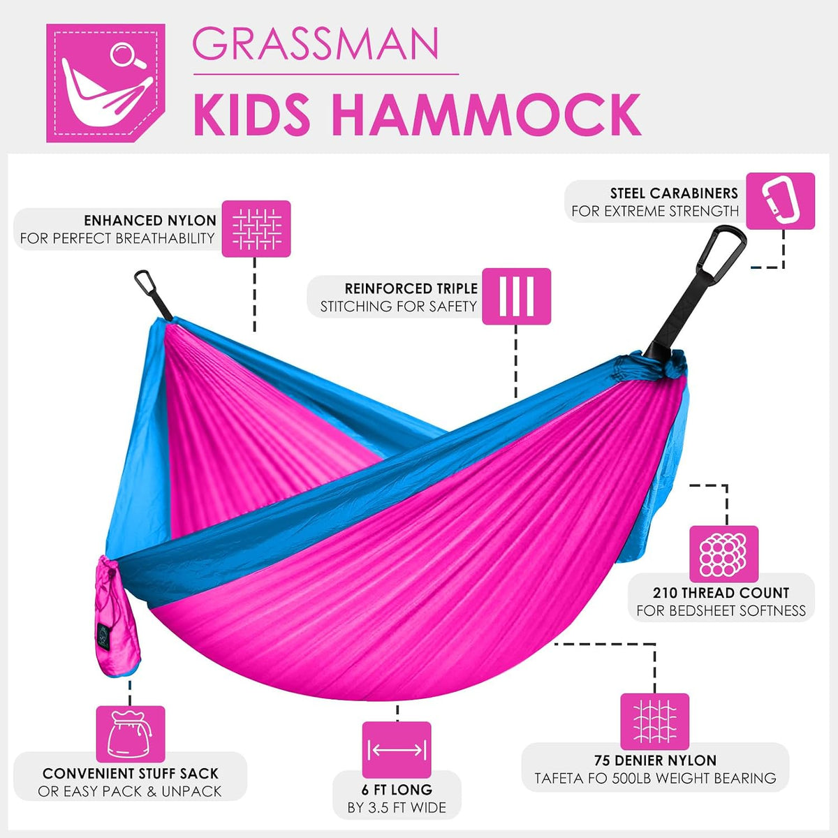 GRASSMAN Kids Hammock-Small Camping hammocks, Portable Camping Gear for Child Indoor/Outdoor use, with Tree Straps & Carabiners Fuchsia