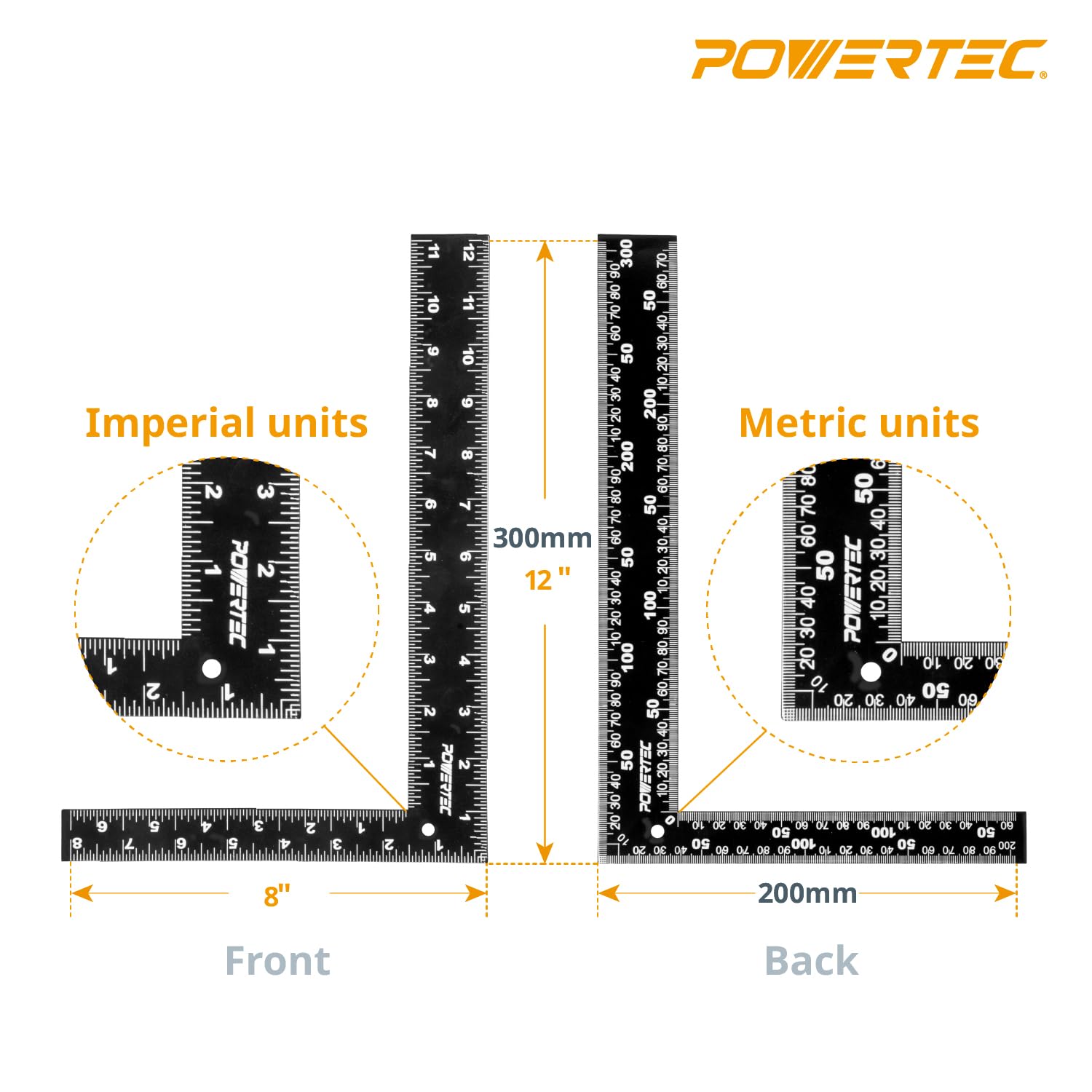 POWERTEC Carpenter Square 8" x 12" - L Square Ruler, Right Angle Square Tool, Woodworking Square for Carpentry, Construction, DIY, 2PK (80035-P2)