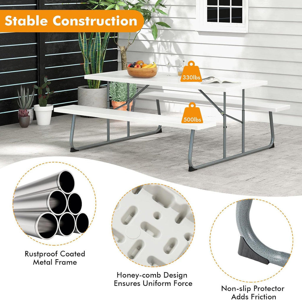 Tangkula 6 Ft Folding Picnic Table, Outdoor 8 Person Large Picnic Table Set with 2 Built-in Benches, Umbrella Hole, Metal Frame & HDPE Tabletop for Garden, Backyard (White)