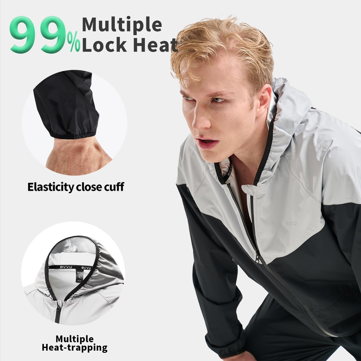 BVVU Sauna Suit for Men Zipper Sweat Suits with Hood Sauna Jacket Pants Gym Workout Full Body