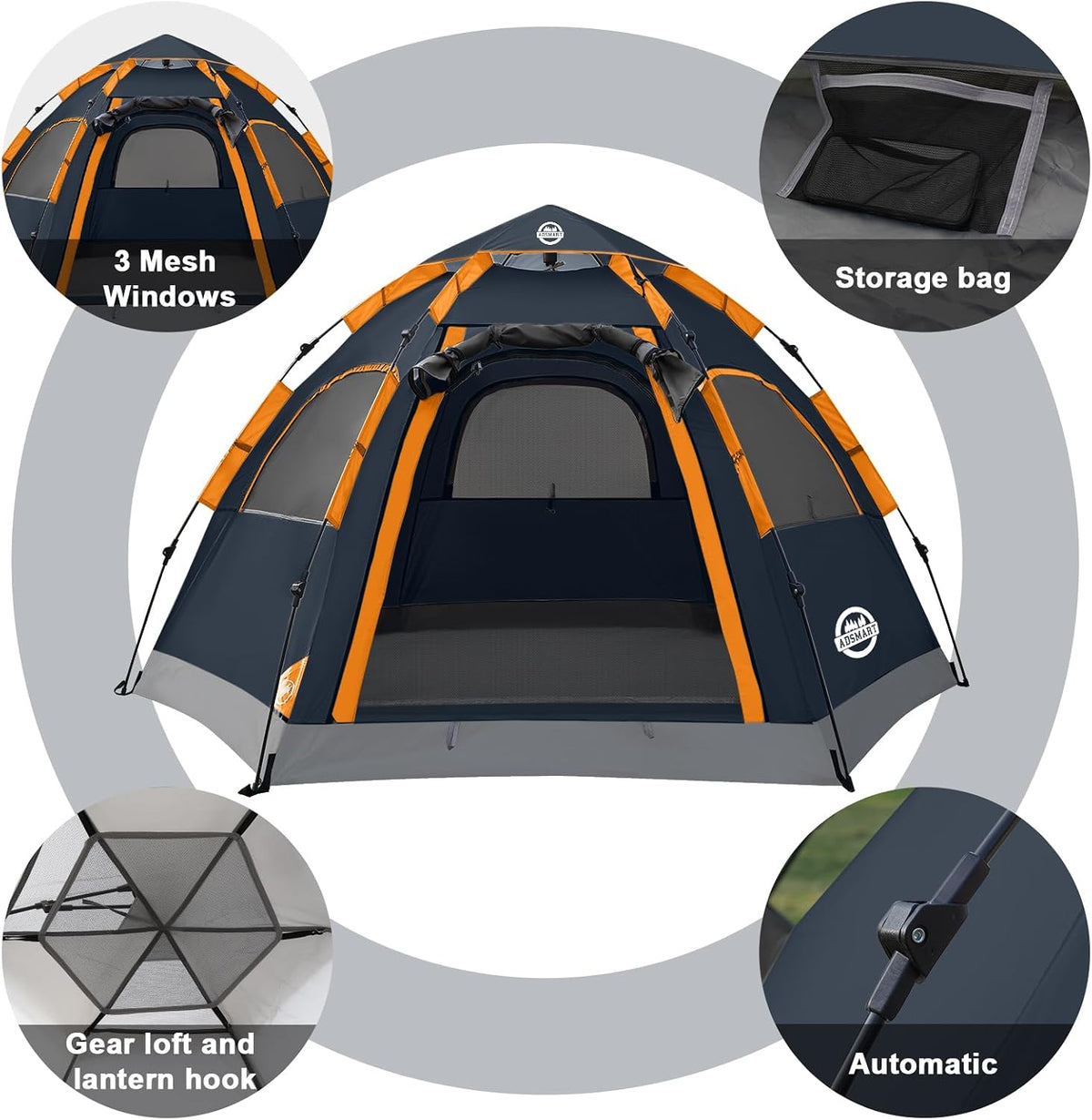 ADSMART Instant Tents for Camping 2/3/4/5 Person Tent Waterproof Easy Setup Sets Up Backpacking Tents with Carry Bag for Outdoor Hiking