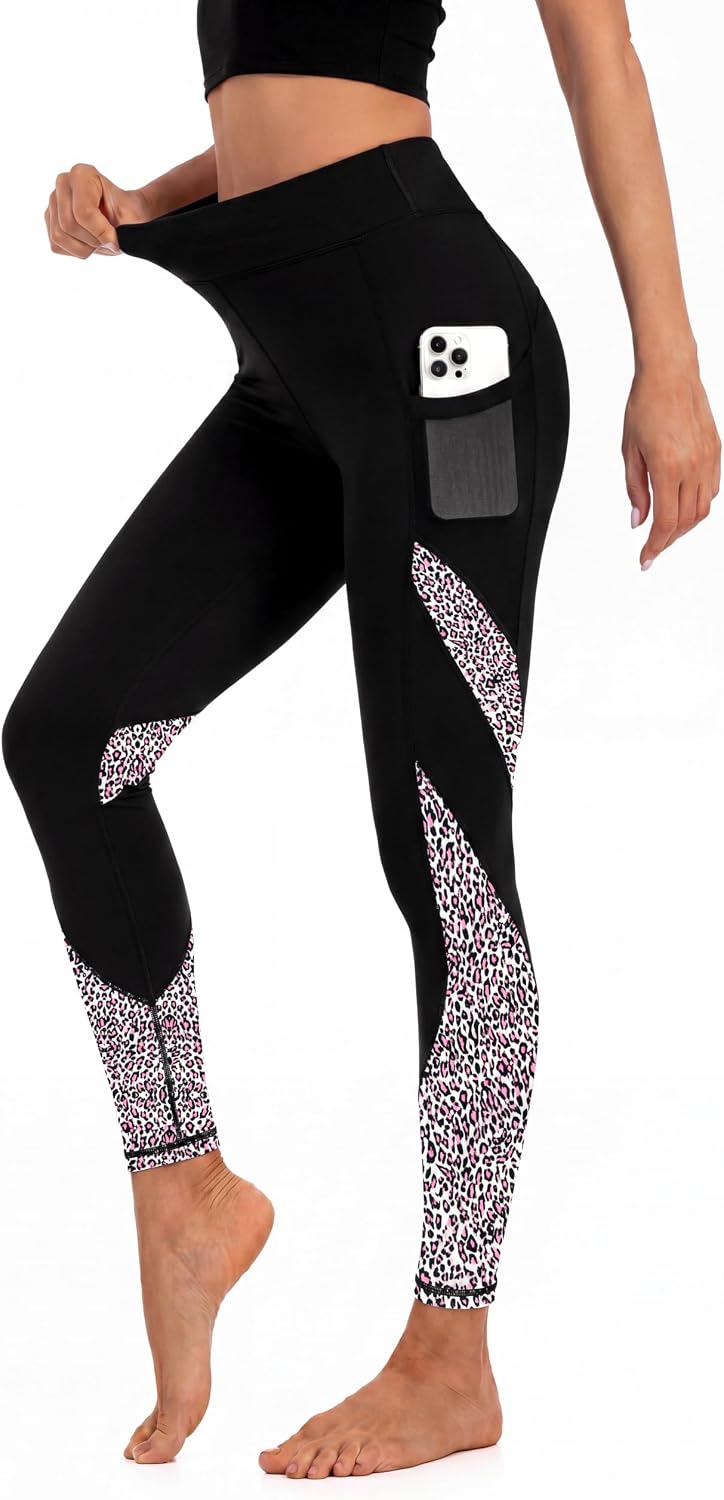 Women's High Waisted Yoga Leggings - Leopard Block Print Phone Pockets Tummy Control Workout Casual Pants