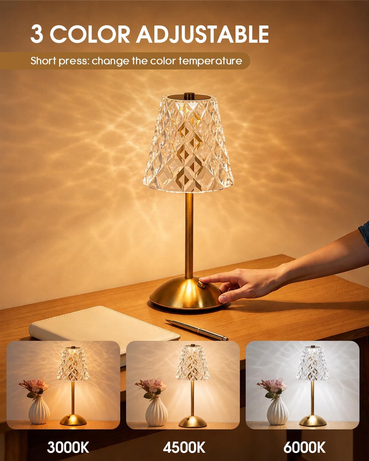 Nusogon Rechargeable Cordless Table Lamp, Gold Small Battery Powered Lamp