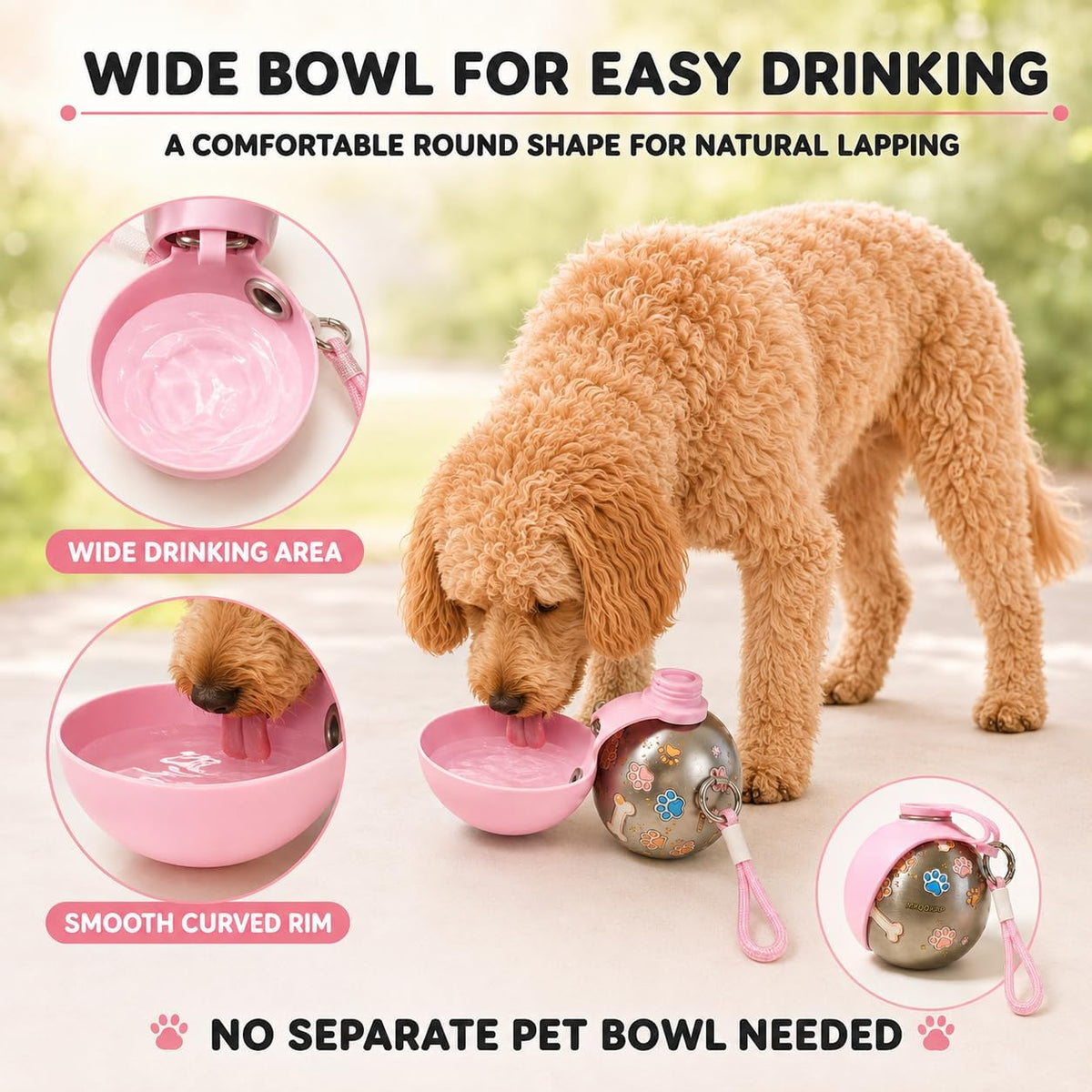 2026 New 2-in-1 Dog Water Bottle Portable, 10 Ounce Stainless Steel Dog Water Bottle, Travel Dog Water Bottle with Foldable Silicone Bowl and Water Reflux Design, Suitable for During Walks (Pink)