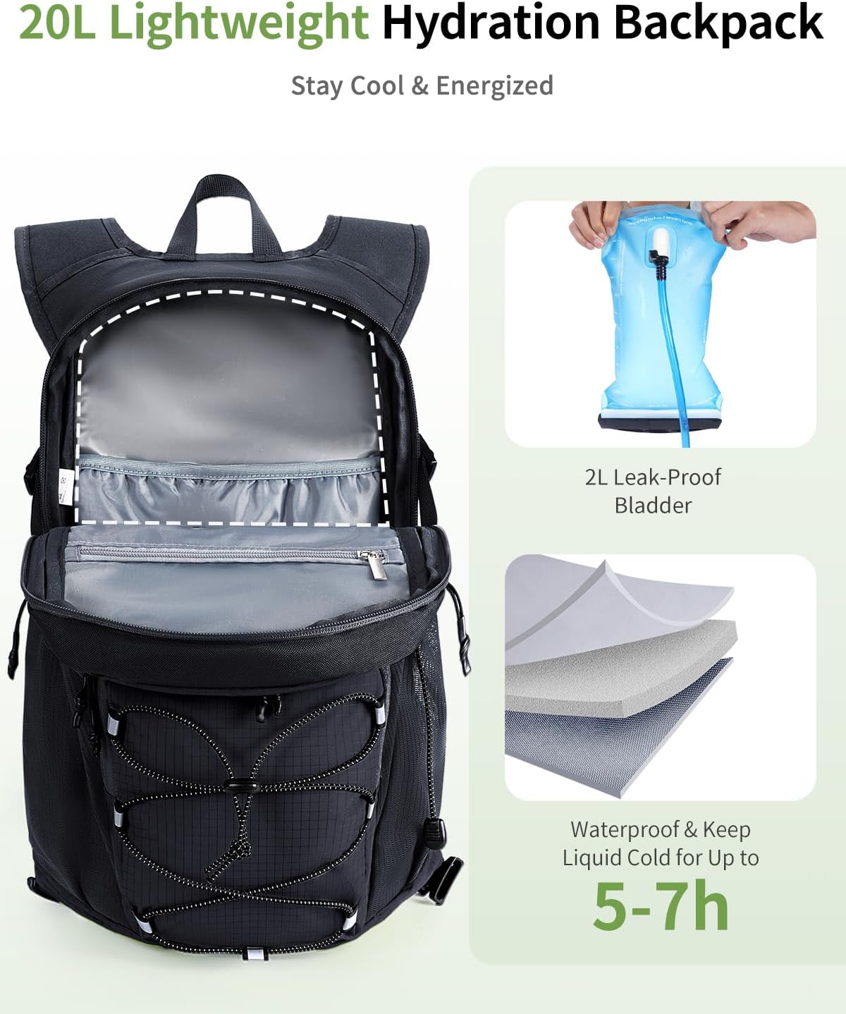 ECOHUB 20L Lightweight Hydration Backpack with 2L Water Bladder&Waist Pack