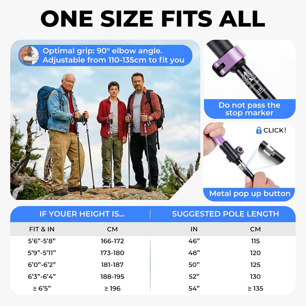 Trekking Poles for Hiking - Collapsible Lightweight 7075 Aluminum Hiking Poles (9.5 oz), EVA Grip Tri-Fold Walking Sticks for Seniors, Men & Women, Adjustable 43-53" (Set of 2)