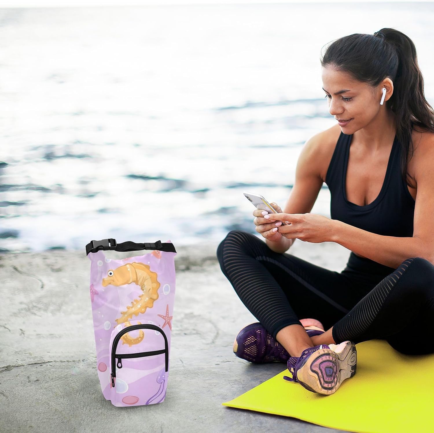Purple Seahorse Jellyfish Starfish 01 Water Bottle Holder with Strap Insulated Water Bottle Carrier Crossbody Bags Pouch with Phone Pocket for Travel Gym Hiking Walking Running