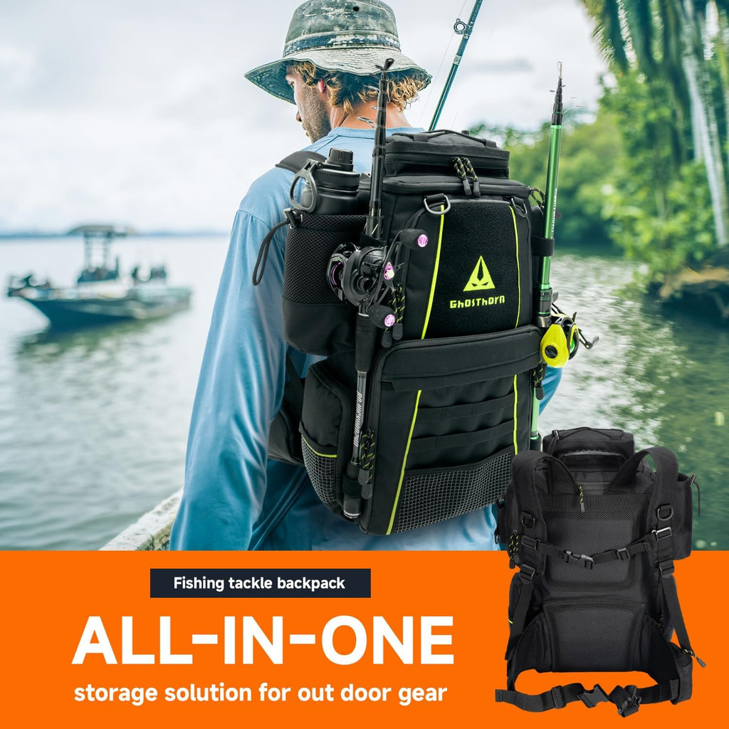 Ghosthorn 43L Fishing Tackle Backpack with 4 Tackle Boxes & Rod Holder