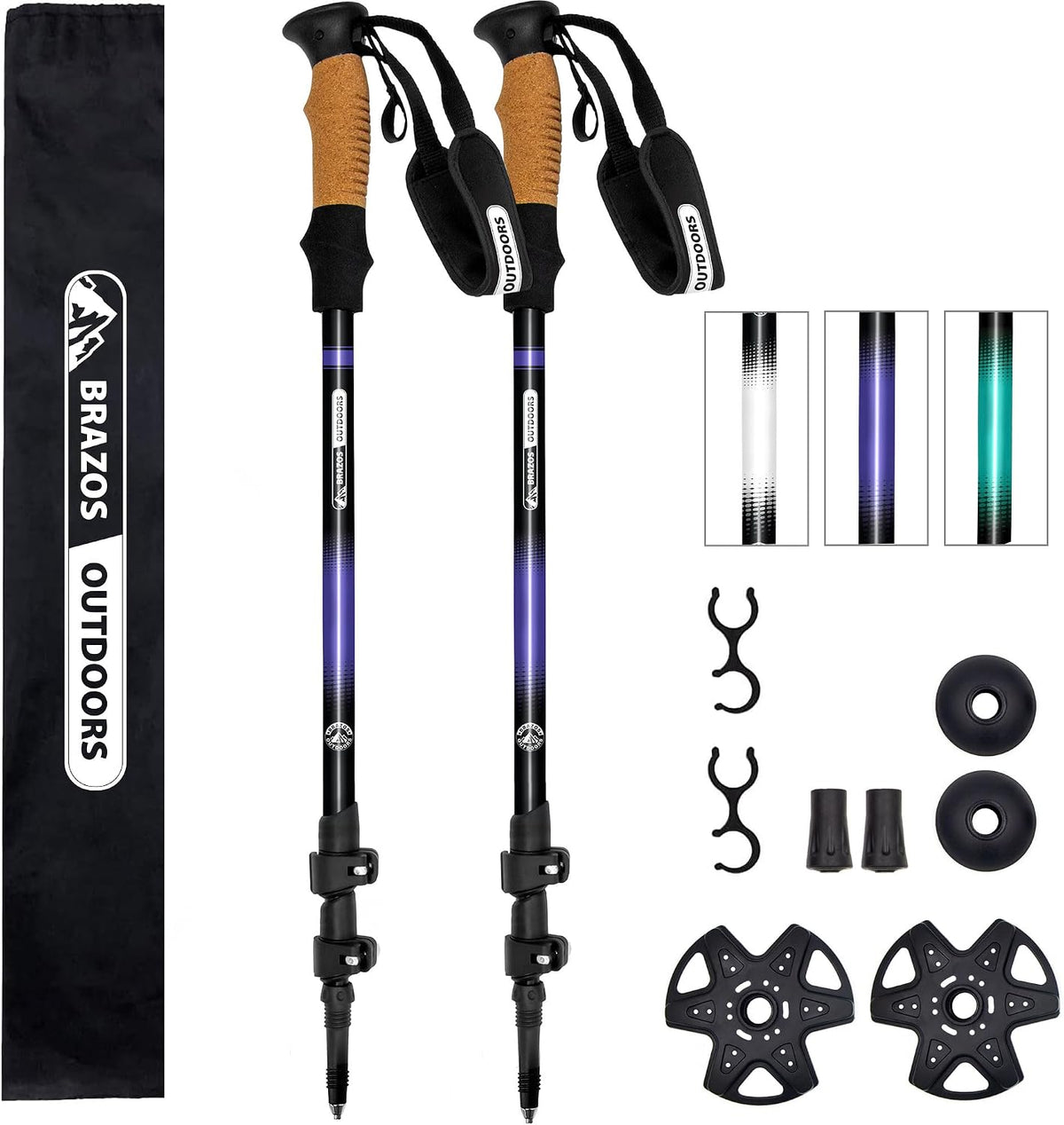 Brazos Trekking Poles for Hiking | Collapsible Walking Stick | 24" to 54" (Pair of 2) 9.7oz Ultra-Light Aluminum with Cork Grip | Hiking in All Terrains & Seasons