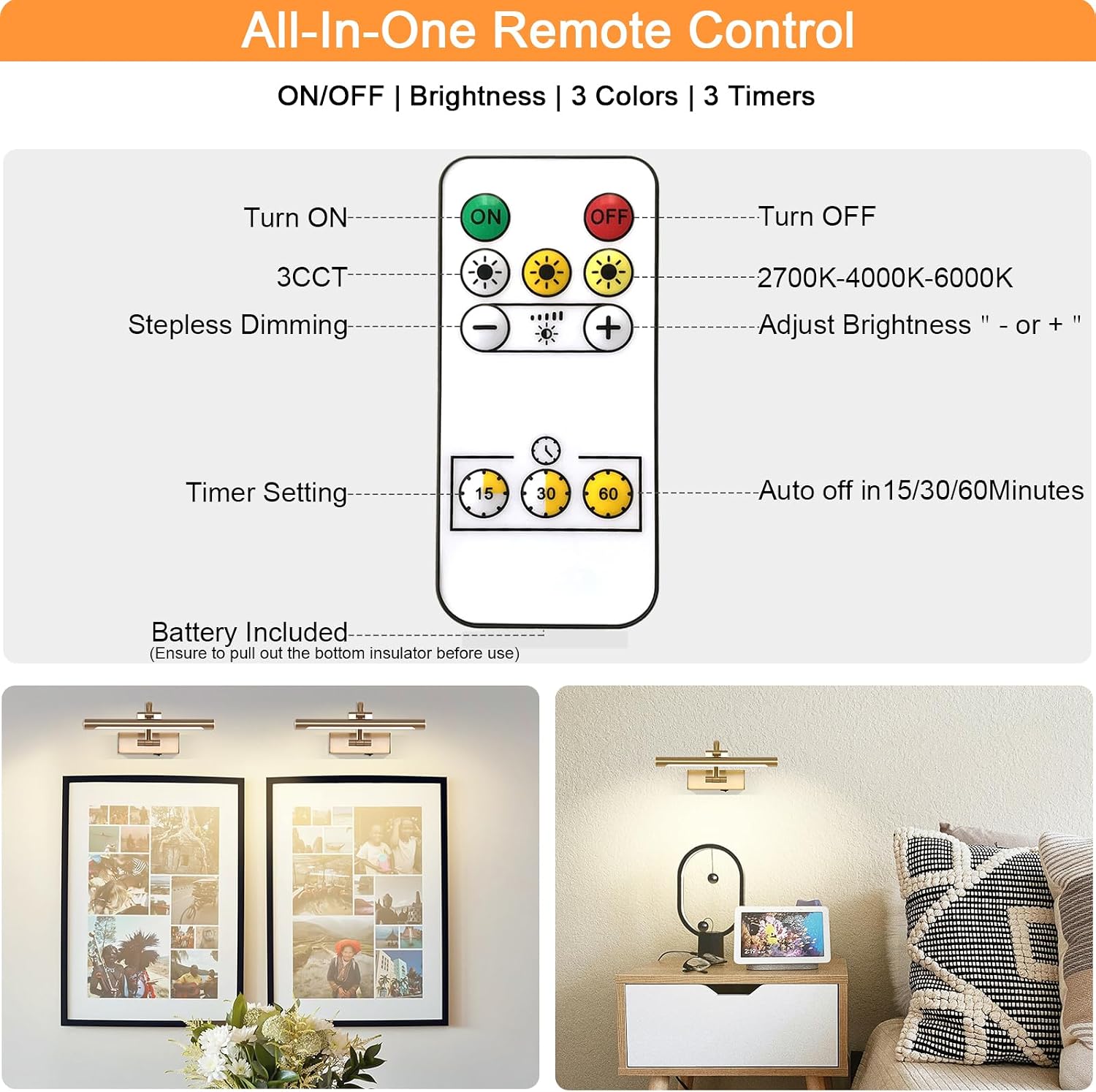 Tassuowell Rechargeable Picture Light with Remote Control,12 Inch Brass Finish Adjustable Wireless Art Lighting Fixture,Painting Lights with Timer,3 Color Temperature and Dimmable