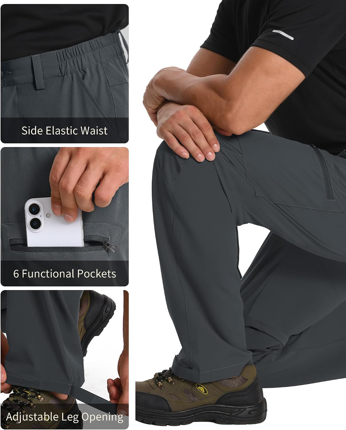 Mens Hiking Pants Convertible Quick Dry Zip Off Tactical Cargo Pants Water Resistant Lightweight Outdoor Pants with 6 Pockets