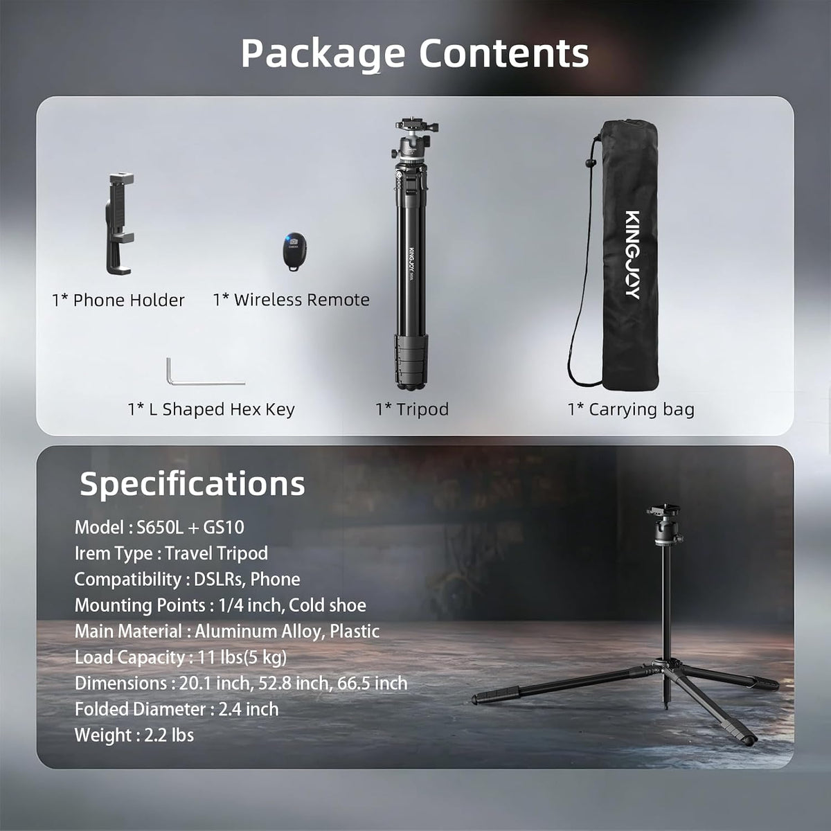 KINGJOY 72'' Camera Tripod Compact for Travel with 360° Ball Head