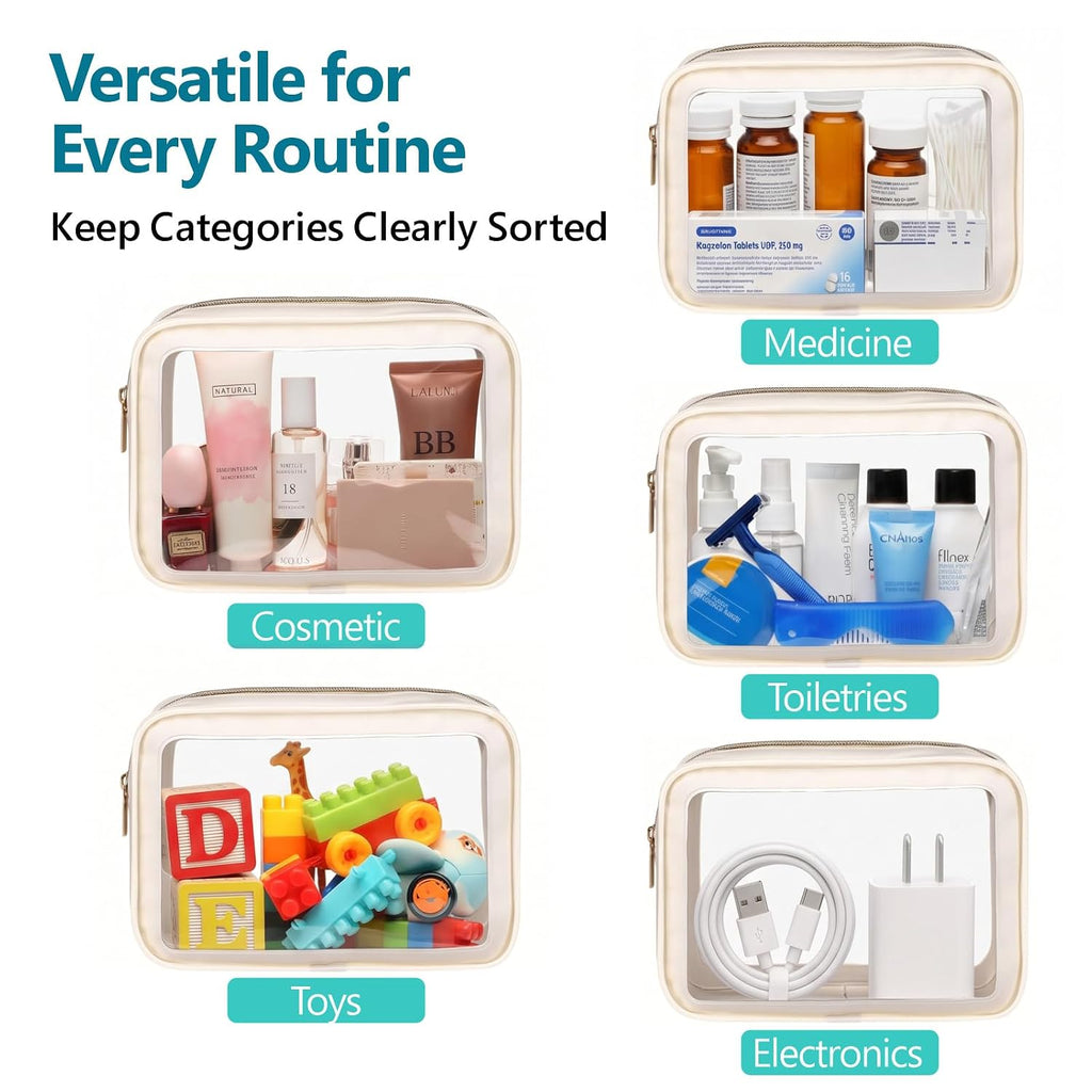 F-color TSA Approved Toiletry Bag - Clear Makeup Bag, 3 Pack, Beige