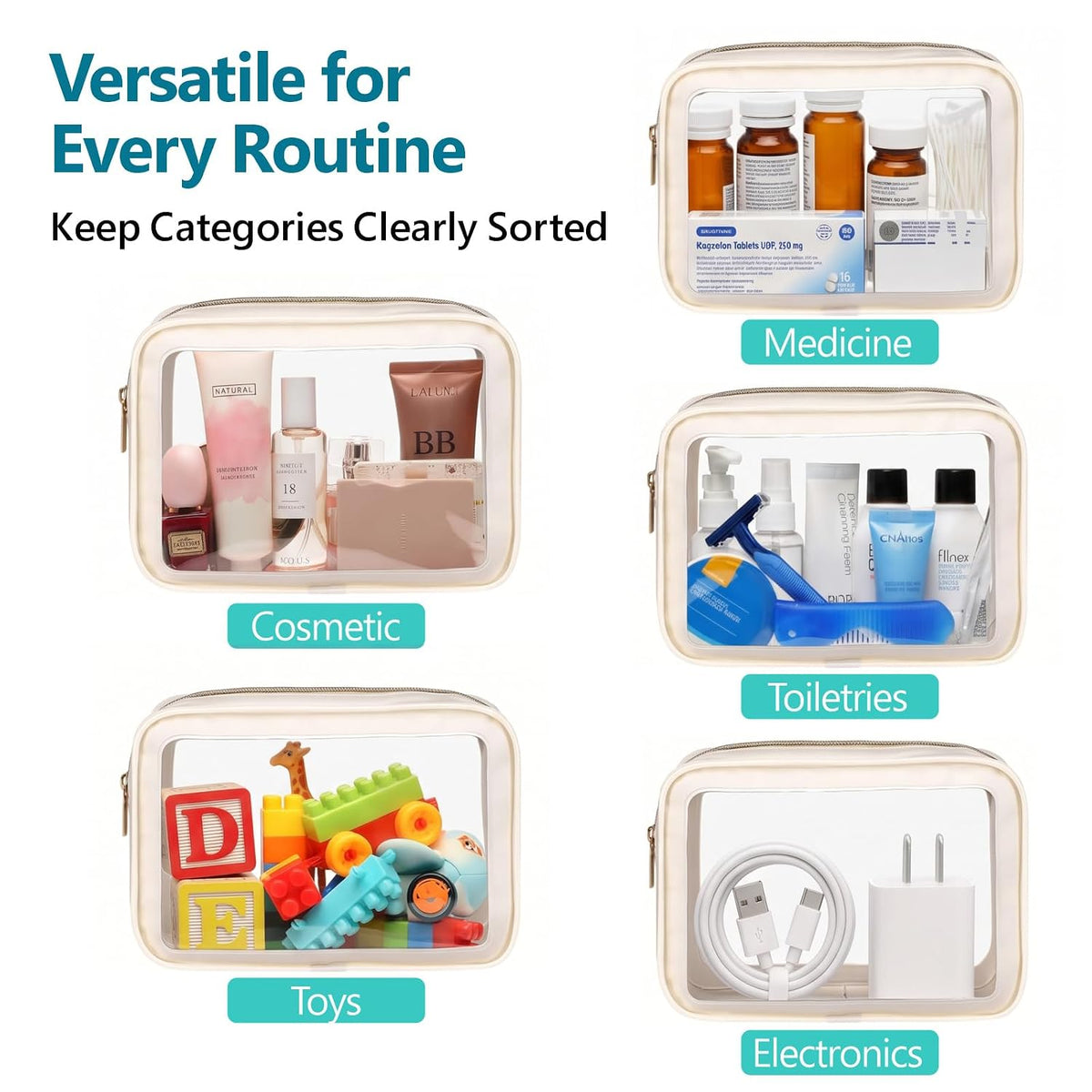 F-color TSA Approved Toiletry Bag - Clear Makeup Bag, 3 Pack, Beige