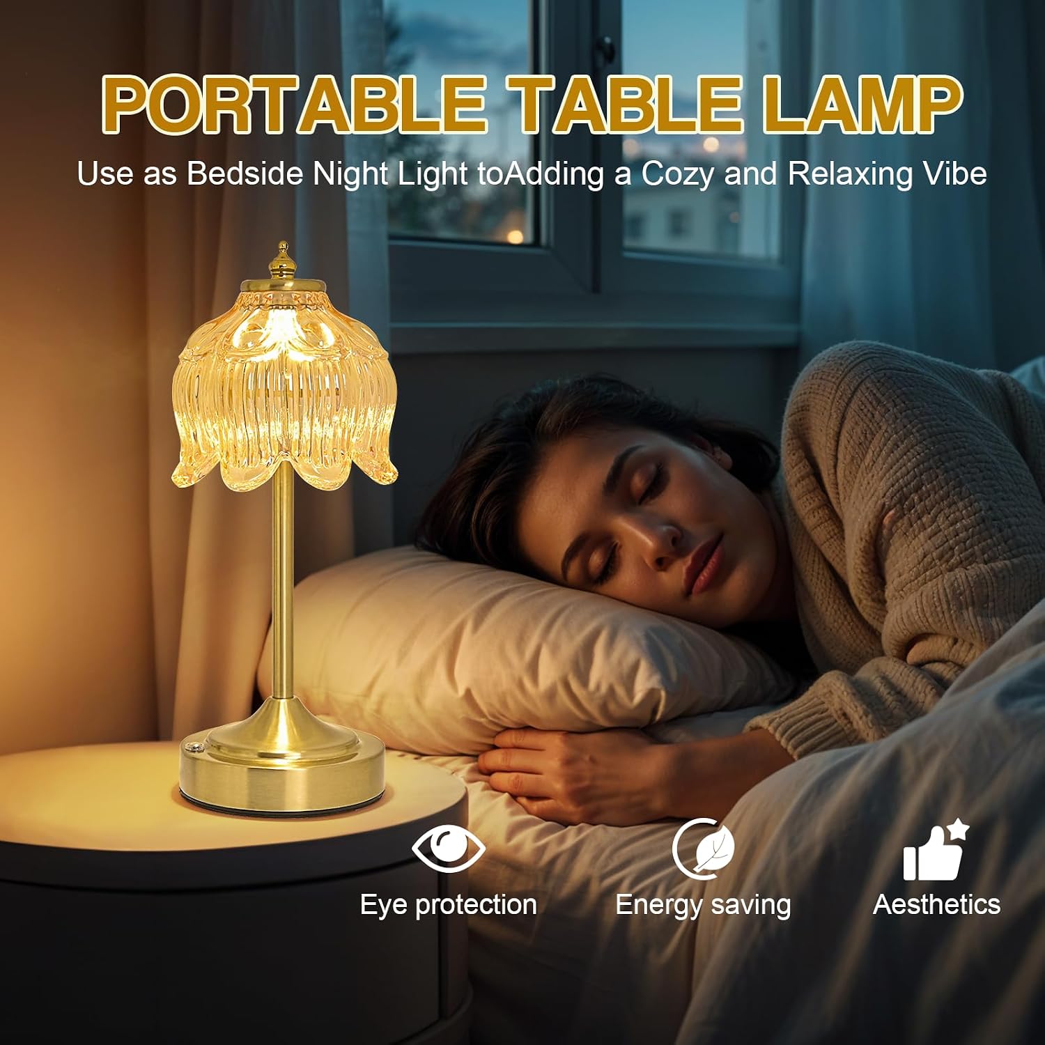 Cordless Table Lamp, Rechargeable Amber Glass Lotus Flower Lamp