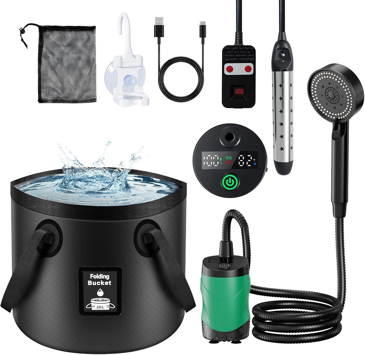 Cothb X Portable Hot Shower Kit with Pump & 1500W Immersion Water Heater