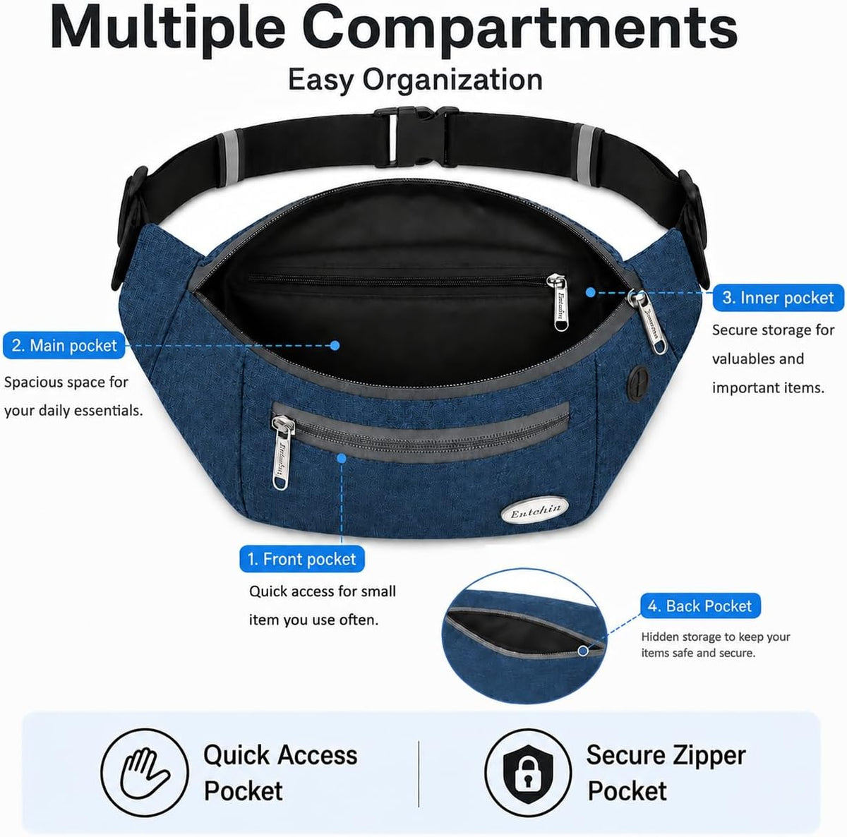 Entchin Water-Resistant Fanny Pack, 4-Zipper Belt Bag