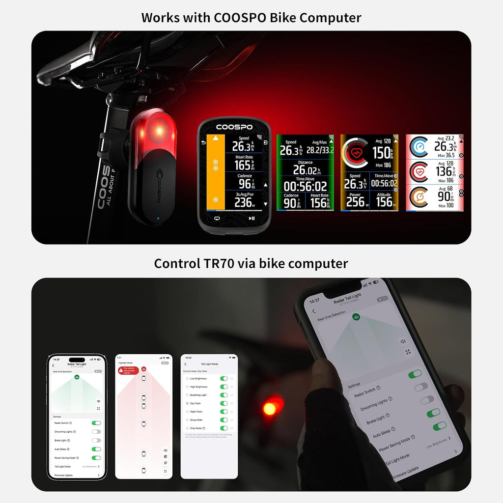 COOSPO TR70 Bike Radar Tail Light, Alerts for Vehicle in 140M, Auto Brake Highlight, 7 Lighting Modes, 40H Long Battery Life, Support APP/Garmin Cycling Computers Display for Road & MTB Cycling Safety