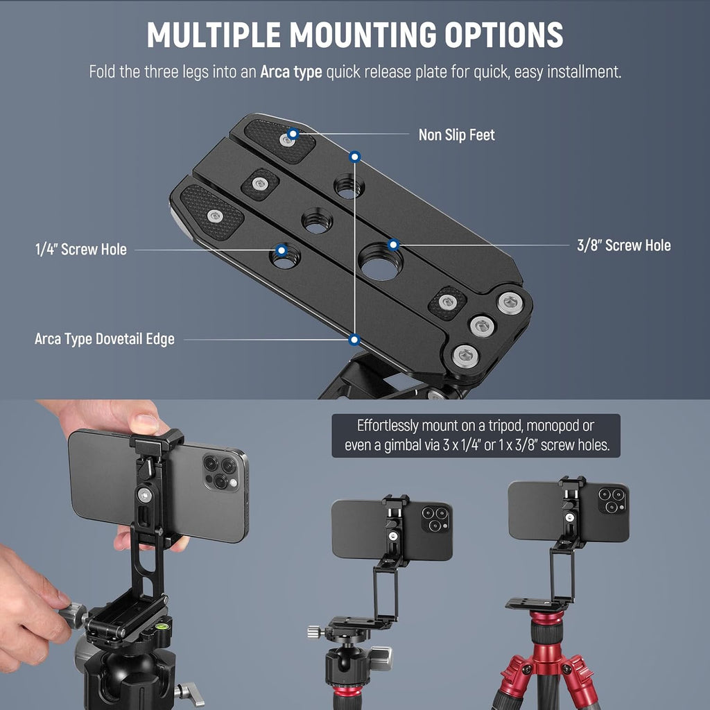 NEEWER Phone Tripod Mount with Cold Shoes, Metal Smartphone Tripod Adapter Compatible with iPhone, Multi Angle Tri Fold Cell Phone Holder, Handheld Phone Grip for Streaming Vlog SP-04