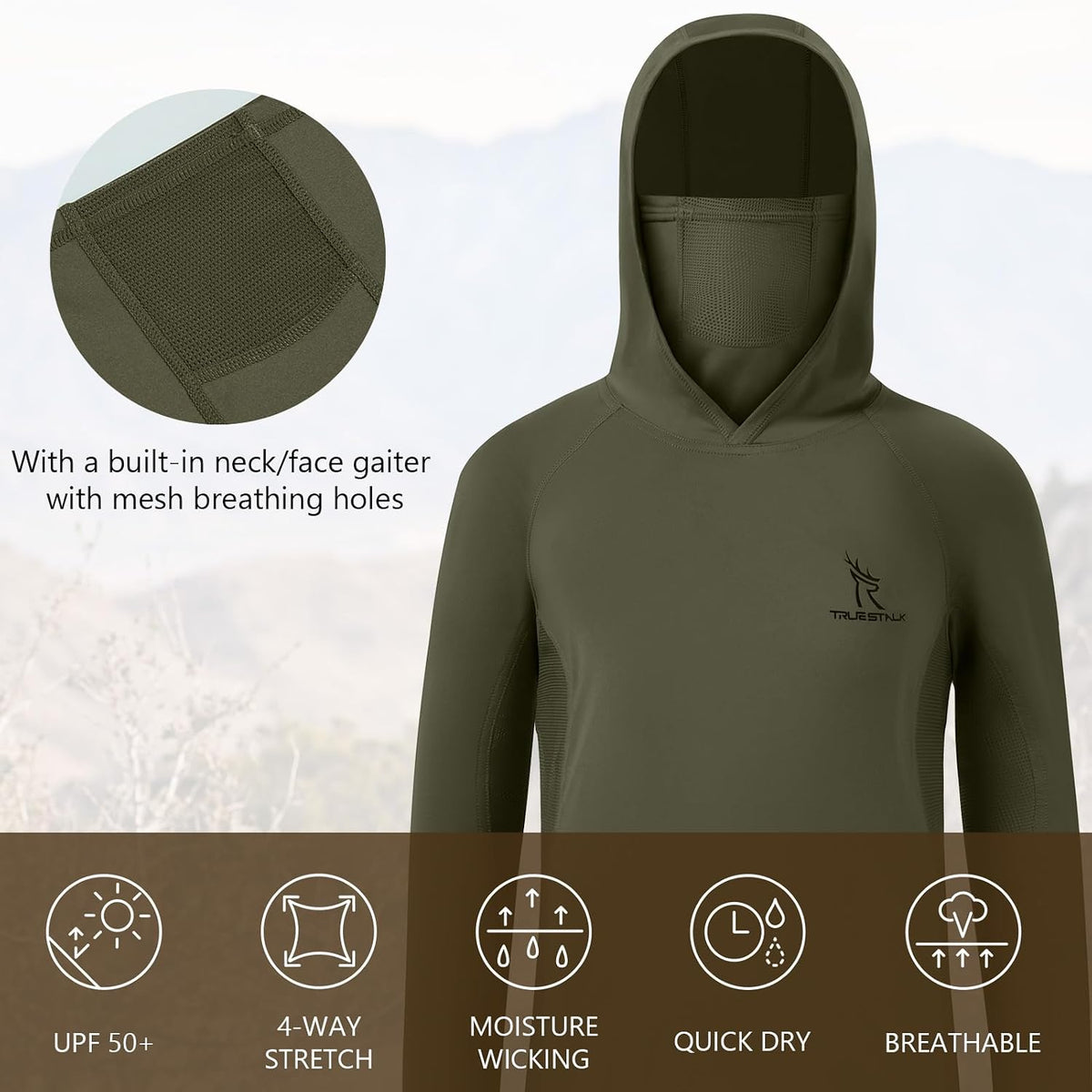 Youth UPF 50+ Camo Hunting Hoodie Shirt with Face Mask