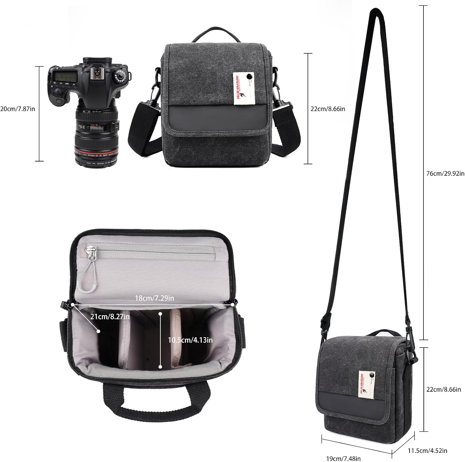 Besnfoto Mirrorless Camera Shoulder Bag Small Messenger Case Waist Bag Compatible for Canon (BlackH, Small)