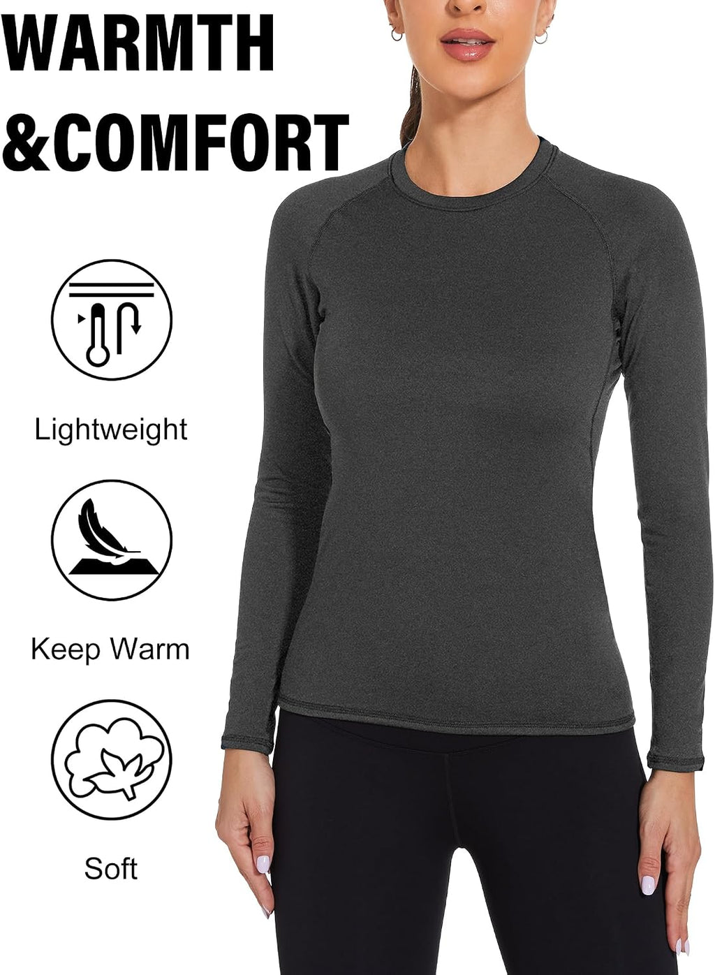 HovSiyla Womens Thermal Compression Long Sleeve Shirts Fleece Lined Tops Crew Neck Slim Fit Base Layer Ladies Underwear
