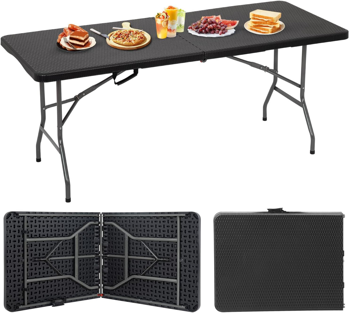 BestOffice | 6FT Folding Table | Black Ratten | Portable Plastic Table