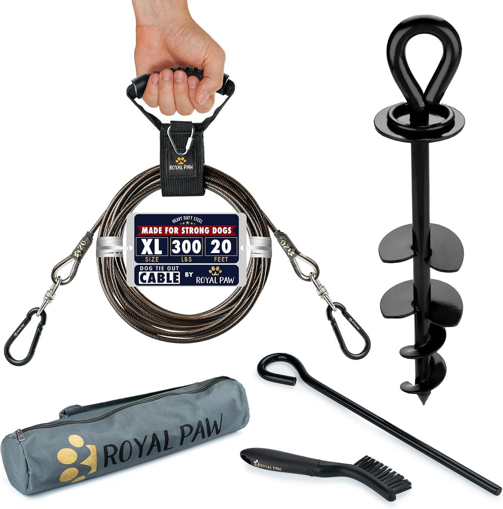 ROYAL PAW Dog Tie Out Cable and Stake 20ft - for Large Dogs up to 300 lbs - Heavy Duty Tether and Dog Stake for Yard, Beach & Camping Outside (Black, L/XL - 20ft)
