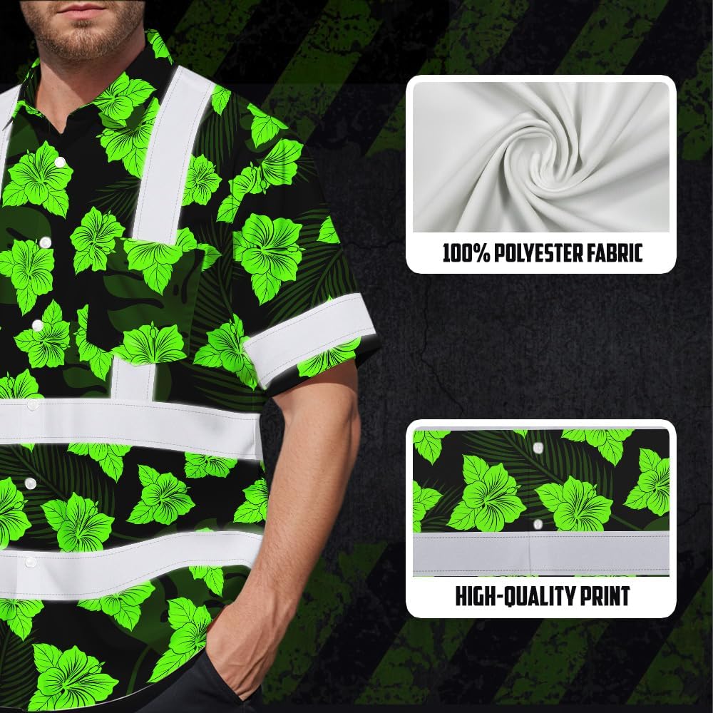 High Visibility Hawaiian Shirt for Men Tropical Shirts Custom Name Floral Outfit Reflective Safety Workwear