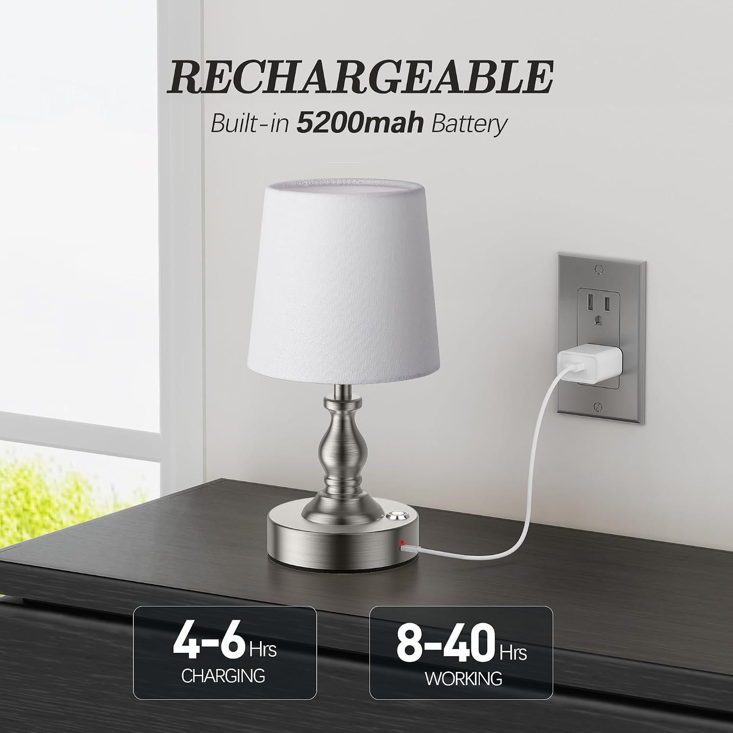 PARTPHONER Mini Cordless LED Table Lamp, 5200mAh Rechargeable Battery Operated Lamp, 3-Level Brightness, Touch Dimmable Desk Lamp, Bedside Night Light for Patio Camping Restaurant Home, Brushed Nickel