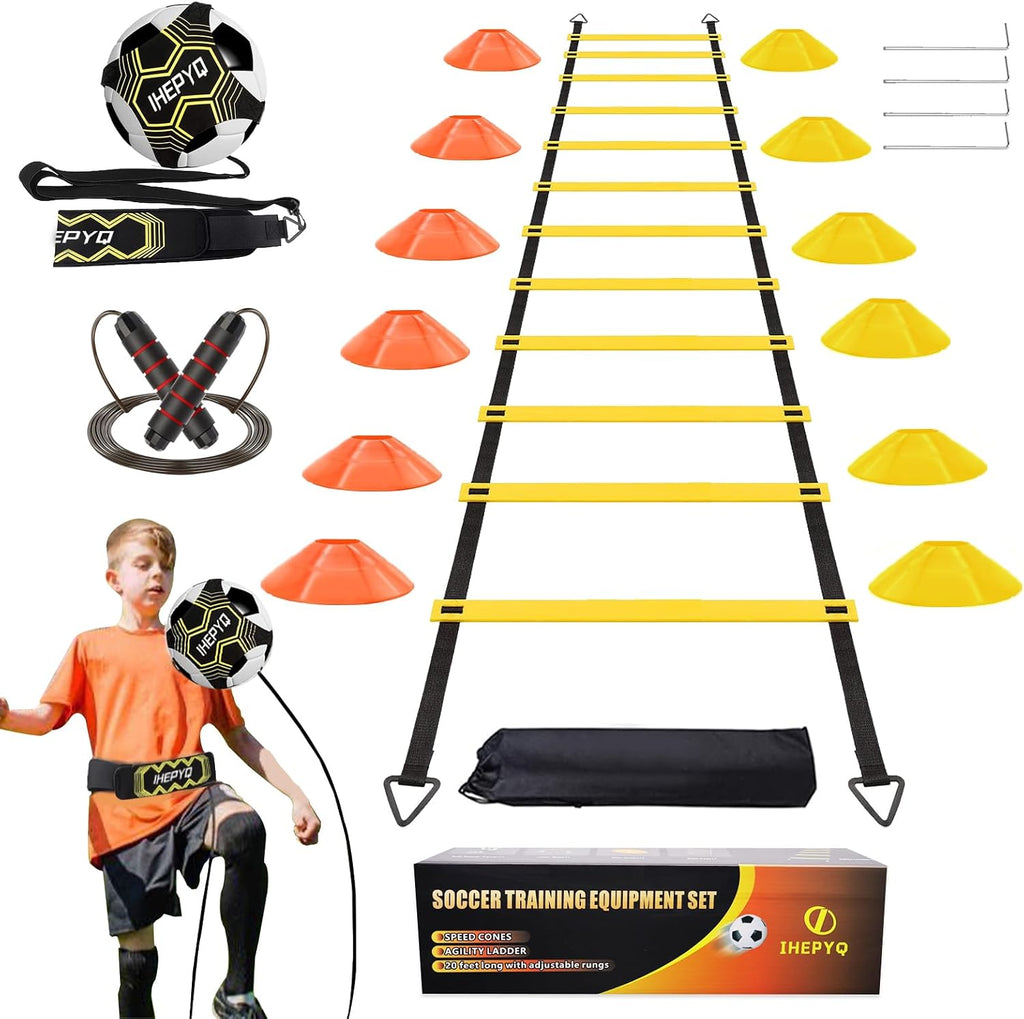 IHEPYQ Soccer Agility Training Equipment Set, 12 Rung 20Ft Agility Ladder, 12 Disc Cones, 4 Steel Stakes, Solo Soccer Trainer, Jump Rope - Speed Training Equipment for Soccer Football Basketball