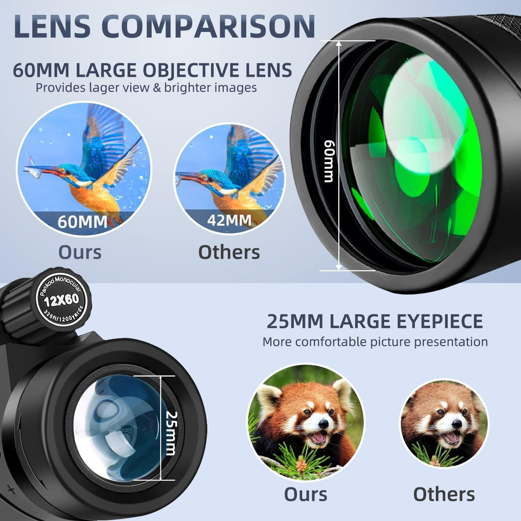 12x60 Monocular Telescope High Powered with Smartphone Adapter Tripod and Portable Bag, Larger Vision Monoculars for Adults with BAK4 Prism & FMC Lens, Suitable for Bird Watching Hiking Travel