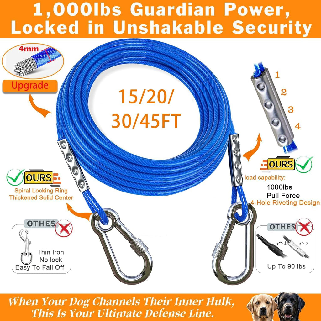 Dog Tie Out Cable and Stake, 30FT Heavy Duty Cables for Outside, 360°Swivel No Tangle Dog Runner for Yard, Up to 150 lbs, Ideal for Outdoor Camping