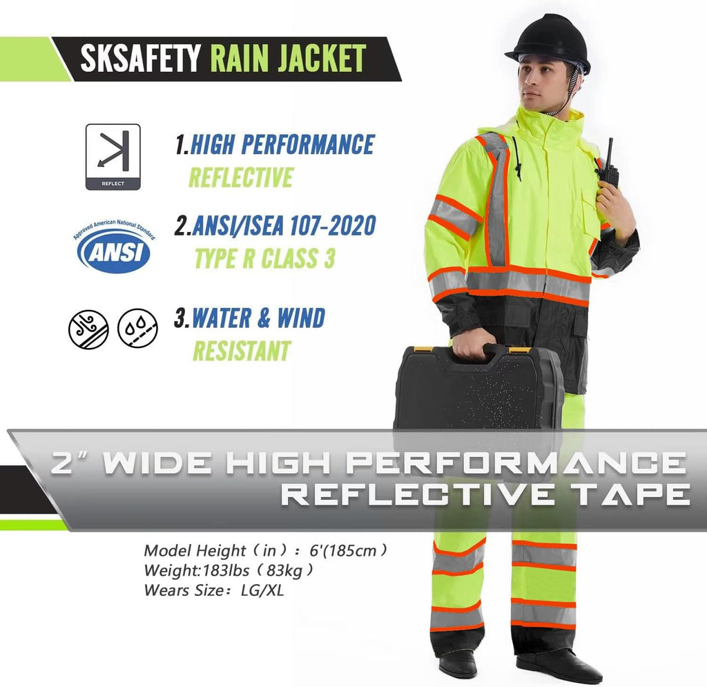 SKSAFETY Hi Vis Safety Rain Jacket for Men, Construction Work Rain Gear Heavy Duty Class 3 Rain Coat Waterproof Lightweight