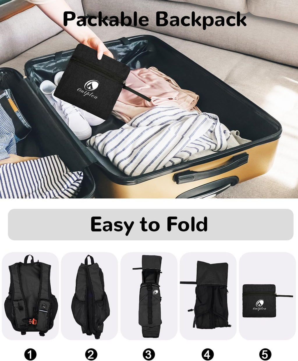 Folding Hiking Backpack with Phone Pocket for Men Women, Small Ultralight Packable Casual Daypack with Shoulder Chest Straps for Travel, 15L Foldable Lighweight Day Pack, Black