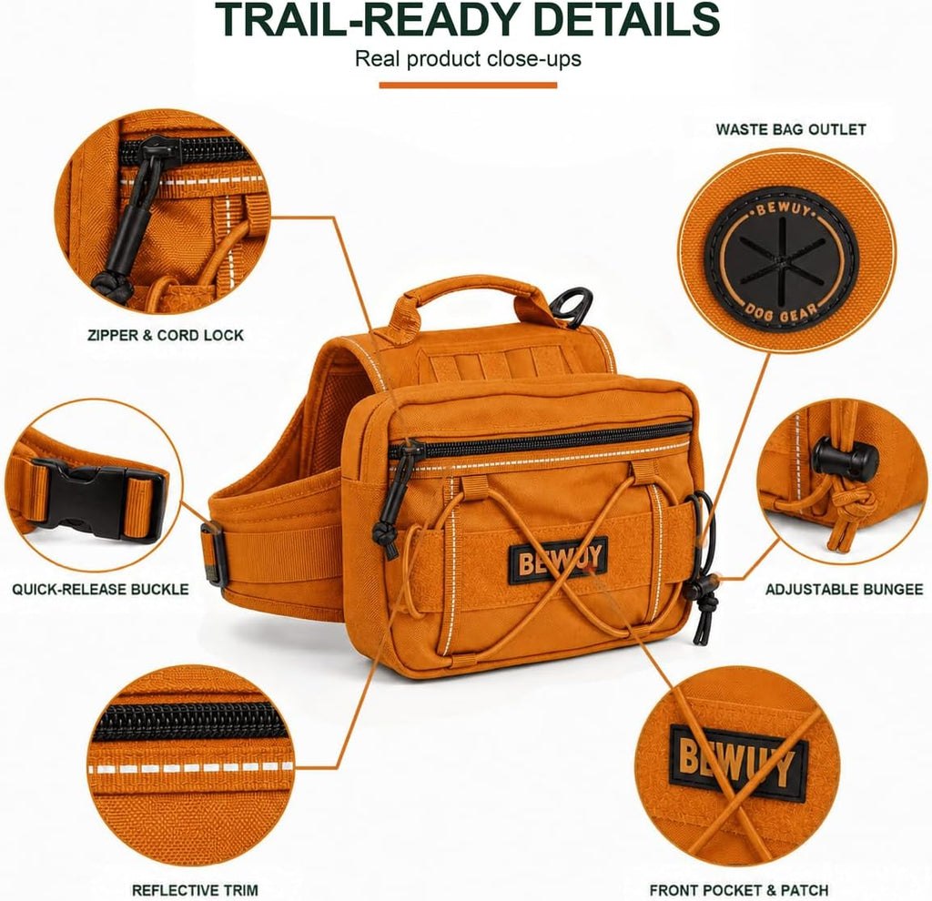 Tactical Dog Backpack for Medium Large Dogs, Reflective Pack Harness with Storage, Poop Bag Pocket, Includes Free Anti-Pull Leash (Orange, L)