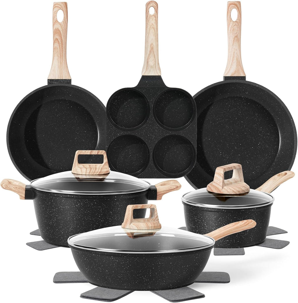 SODAY Pots and Pans Set Non Stick, 13Pcs Black Granite Induction Cookware