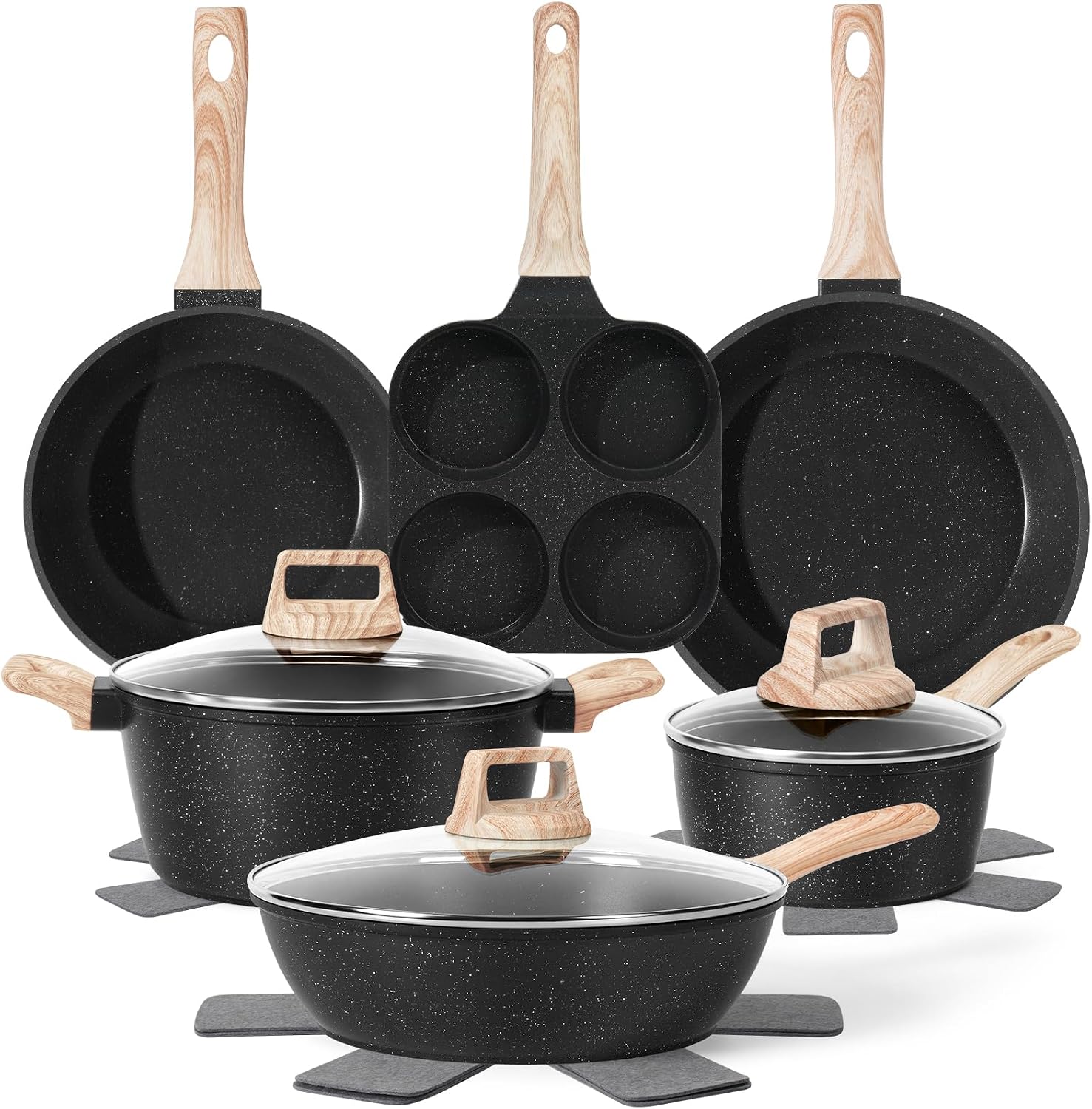 SODAY Pots and Pans Set Non Stick, 13Pcs Black Granite Induction Cookware